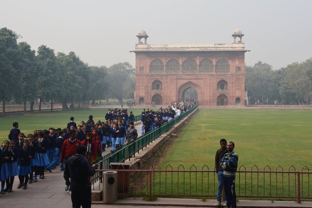 School group in front of the ceremonial gate at the Red Fort