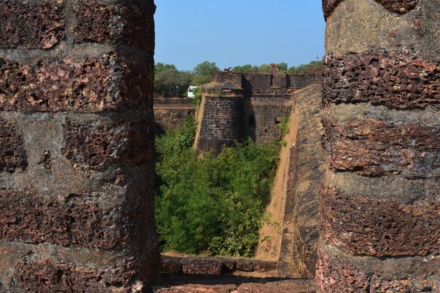 Looking down the moat at Fort Aguada