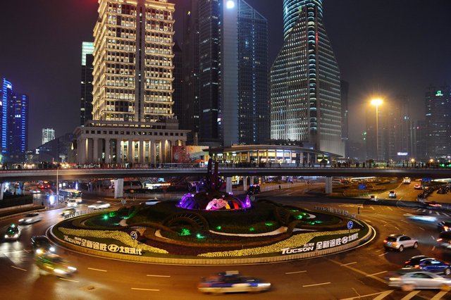 Traffic circle surrounded by skyscrapers in Pudong