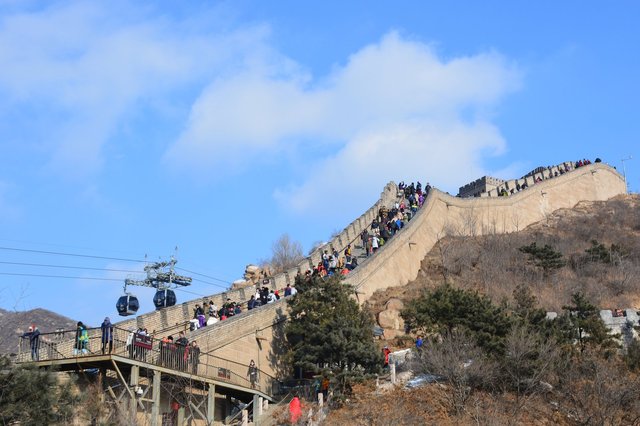 Gondola and tourists on the Great Wall of China