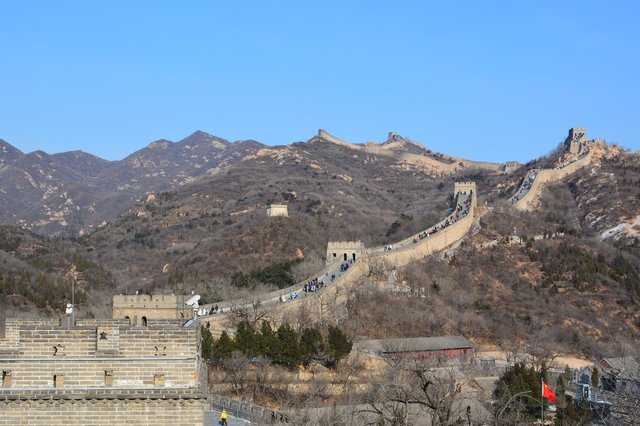 Great Wall of China climbs the hillside above Badaling