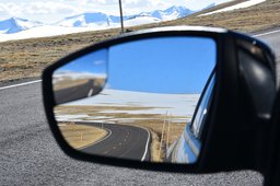 Trail Ridge Road through a rear-view mirror