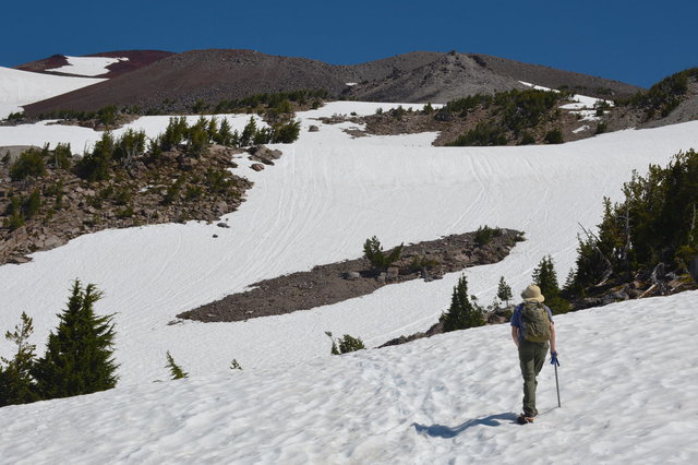 Willy ascends a snowfield on the south side of South Sister