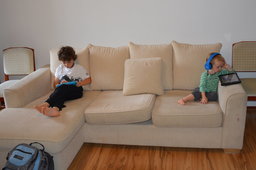 Calvin and Julian on the couch in Finnish Airbnb