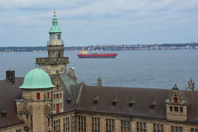 Tower at Kronborg, the Øresund Straight, and a tanker