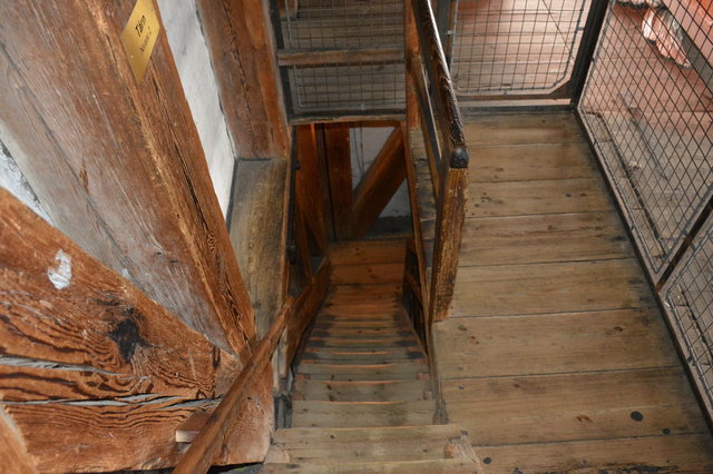 Descending the stairs inside the tower of the Church of Our Saviour