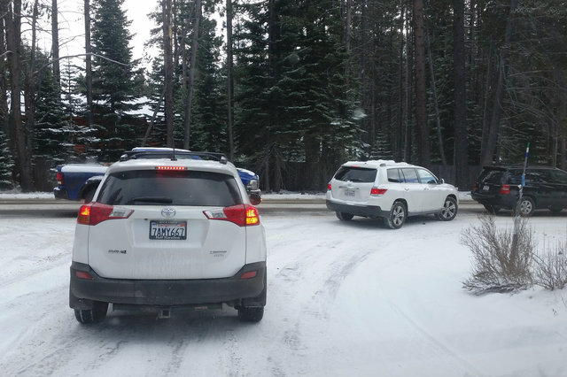 Cars crowd onto the road in South Lake Tahoe