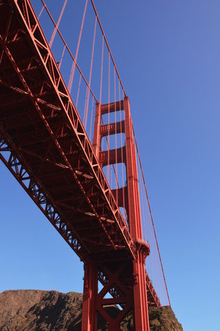 Under the north tower of the Golden Gate Bridge