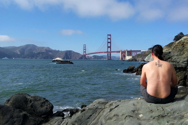 Jaeger's Golden Gate Bridge tattoo with the bridge itself