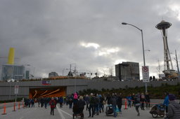 Pedestrians approach the SR-99 tunnel