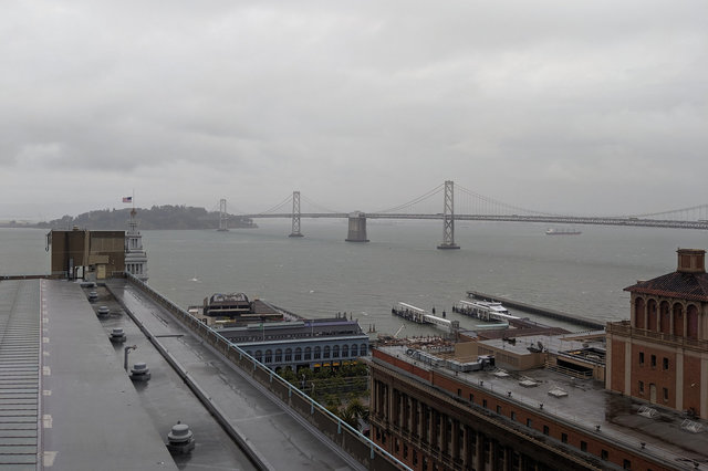 The Bay Bridge under gray skies from the Regency Club