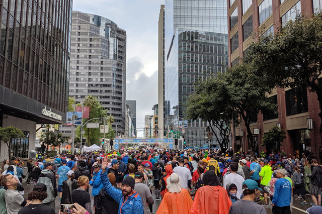 A corral starting line of the Bay to Breakers