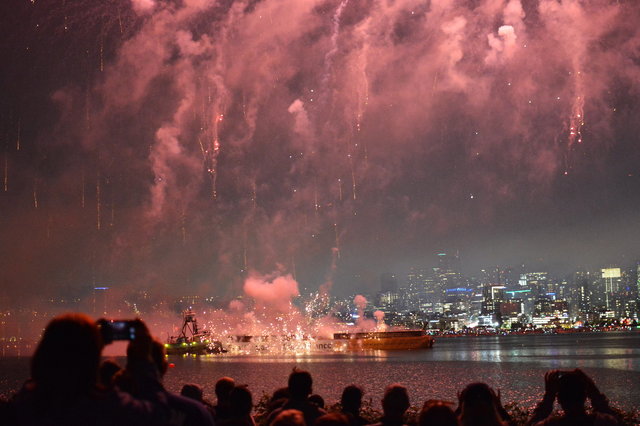 Sparklers on the fireworks barge in Lake Union