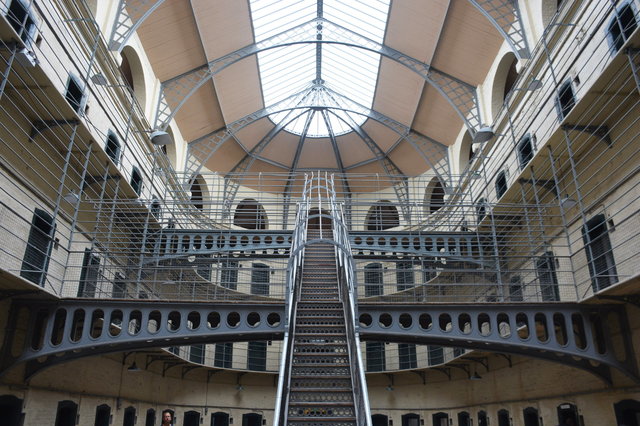 Looking up the stairs inside the main cellblock at Kilmainham Gaol