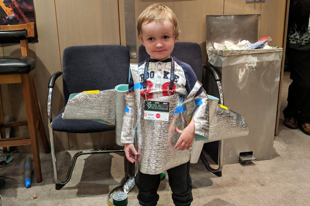 Julian dressed up as a jet airplane