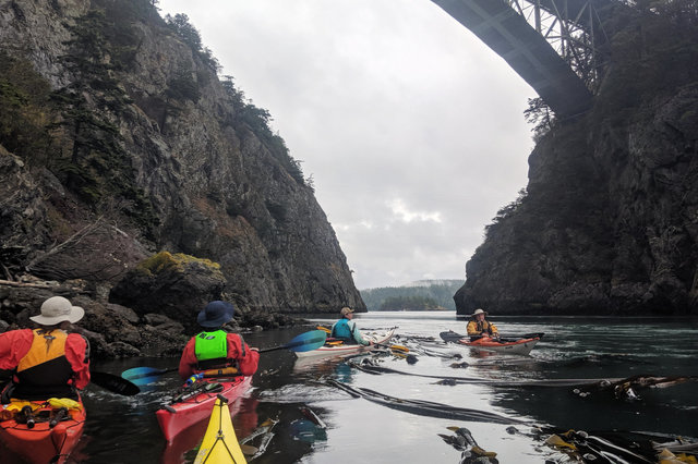 Kayakers in the eddy under Canoe Pass