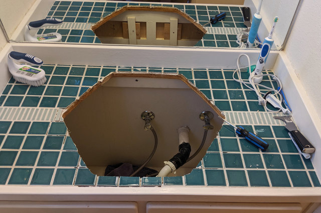 Bathroom countertop with tile mortar