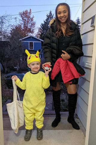 Julian as Pikachu with Pokemon trainer Alejandra