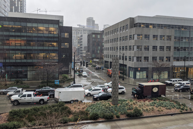 Rain falls on Mercer in South Lake Union