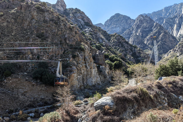 Palm Springs Aerial Tramway car approaches the first tower