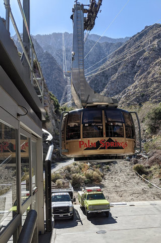 Palm Springs Aerial Tramway car approaches the lower station