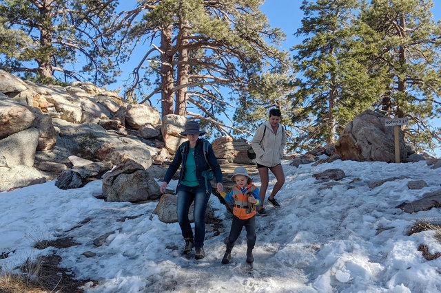 Kiesa, Julian, and Calvin hike on snow in Mount San Jacinto State Park