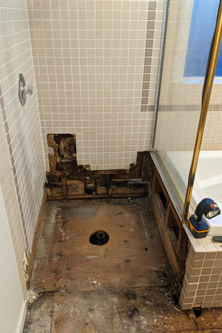 Shower pan and tile removed