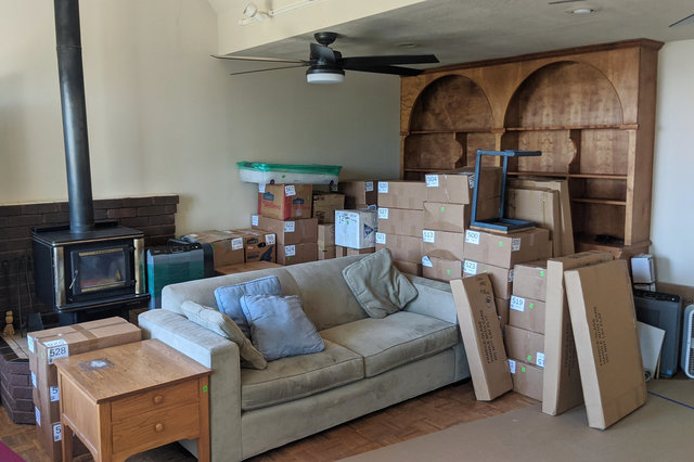 Couch surrounded by boxes at Loma Prieta