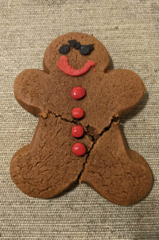 Gingerbread person with a unibrow