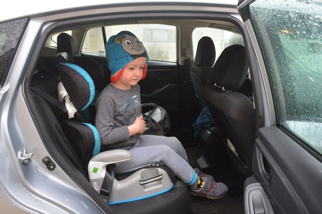 Julian in the car ready to go to kindergaten