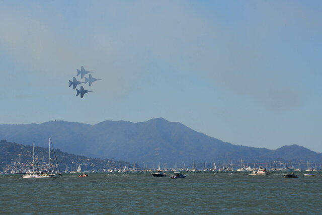 Blue Angels diamond formation over the bay