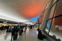 Dulles Airport terminal lit up for Christmas