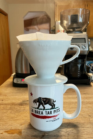 Pour-over coffee in La Brea Tar Pits mug