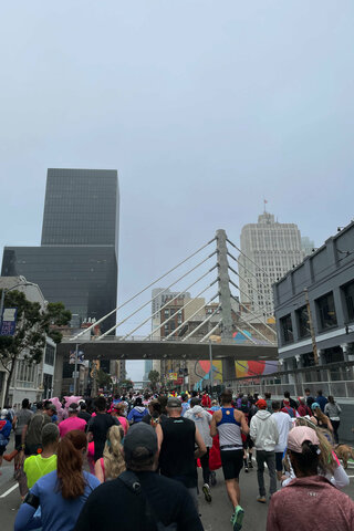 Running on Howard St under the transit center bus bridge