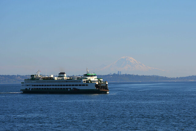 M/V Spokane cruises in front of Mount Rainier