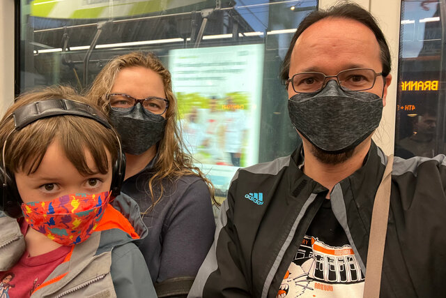 Julian, Kiesa, and Jaeger ride MUNI in the Central Subway