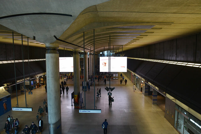 Descending into Canary Wharf Station on the Jubilee line