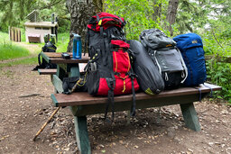 Backpacks lined up at the camp site