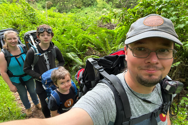 Kiesa, Calvin, Julian, and Jaeger backpacking at Point Reyes