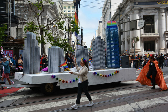 Embarcadero Center and Salesforce Tower on a Pride float