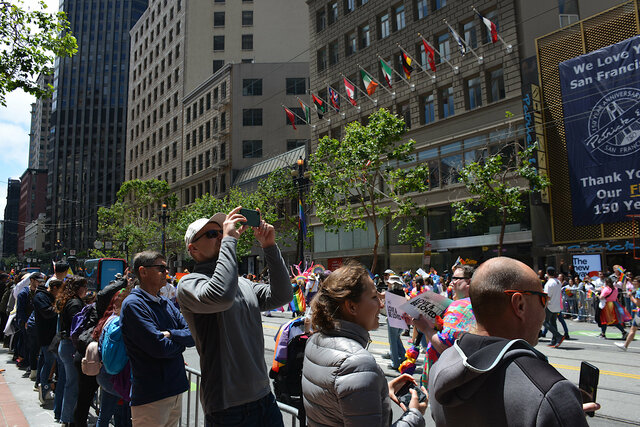 Crowd on Market Street watches Pride