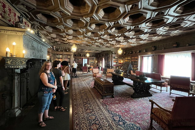 Kiesa in the library at Hearst Castle