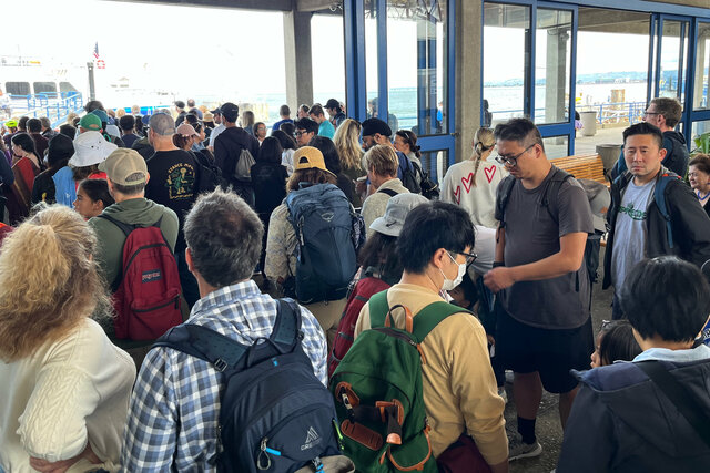 Waiting to board the ferry to Angel Island