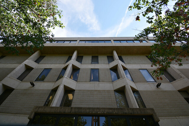 Looking up at the Dick Building at Union College