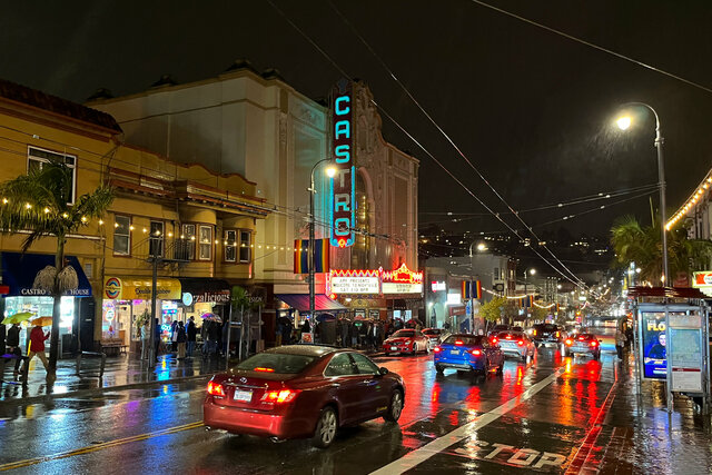 Castro Theater at night in the rain