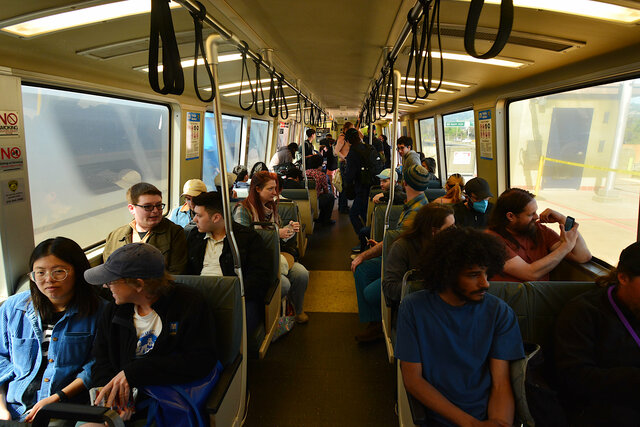 Inside BART legacy car #1203 at MacArthur