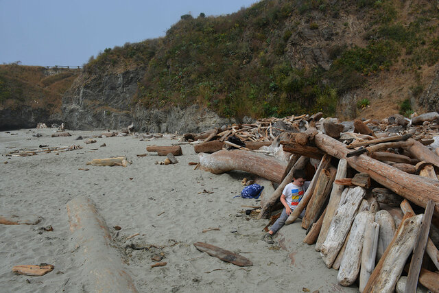 Julian in a driftwood fort on Portuguese Beach