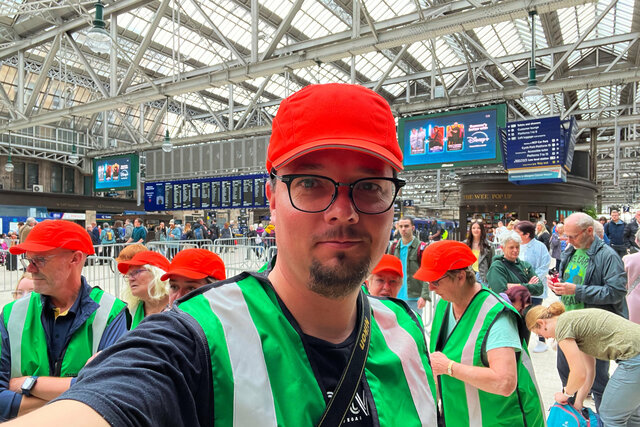 Jaeger dressed up for the Glasgow Central Station tour