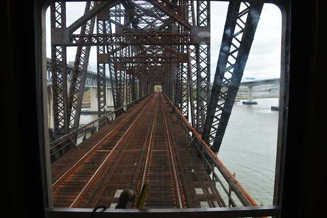Benicia-Martinez Railroad Bridge through a Superliner rear window