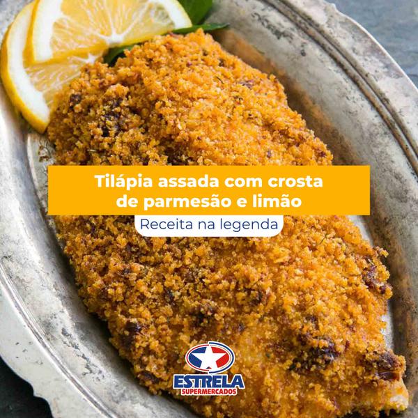 Tilápia assada com crosta de parmesão e limão.